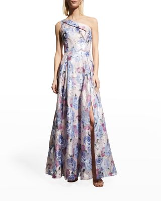 Cuffed Floral One-Shoulder Gown