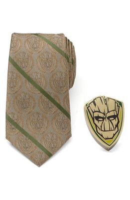 Cufflinks, Inc. I Am Groot Silk Blend Tie & Lapel Pin Gift Set in Brown Multi 