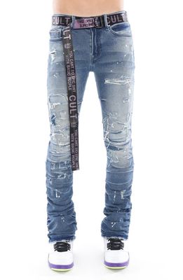 Cult of Individuality Hipster Nomad Belted Distressed Stretch Bootcut Jeans in Basil