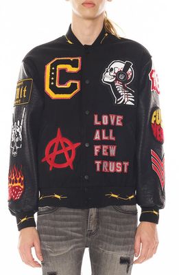 Cult of Individuality Mixed Media Faux Leather Varsity Jacket in Black