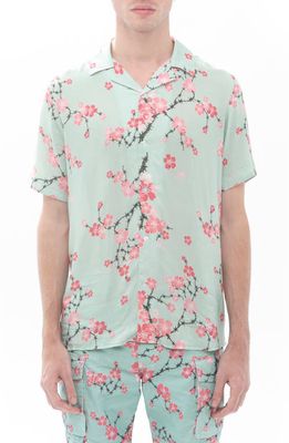 Cult of Individuality Print Short Sleeve Cotton Button-Up Shirt in Cherry Blossom