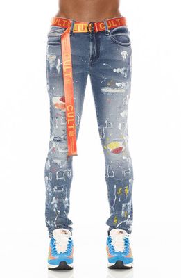 Cult of Individuality Punk Belted Distressed Super Skinny Jeans in Divinci