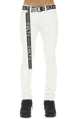 Cult of Individuality Punk Belted Distressed Super Skinny Jeans in White Grunge