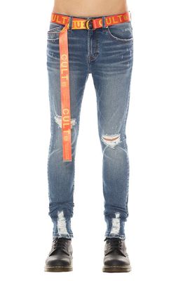 Cult of Individuality Punk Ripped Super Skinny Jeans with Web Belt in Nebula