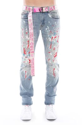 Cult of Individuality Rocker Belted Distressed Stretch Slim Straight Leg Jeans in Stella