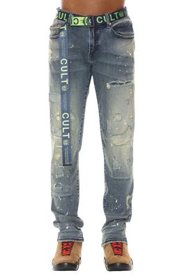 Cult of Individuality Rocker Belted Rip & Repair Slim Stretch Straight Leg Jeans in Leek