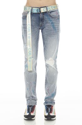 Cult of Individuality Rocker Rip Belted Slim Stretch Straight Leg Jeans in Skittle