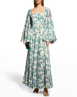 Cumbia Bell-Sleeve Floral Linen Maxi Dress