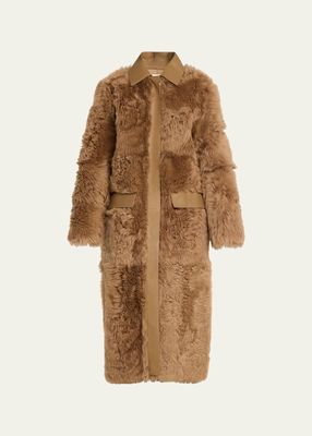 Curly Shearling Coat with Leather Trim