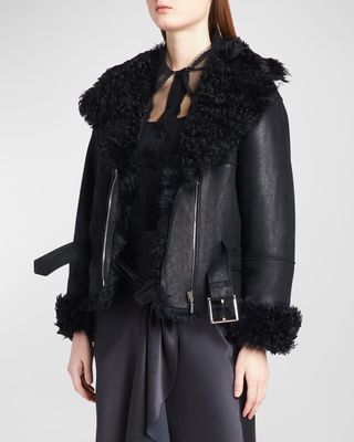 Curly Sheep Shearling Belted Aviator Jacket