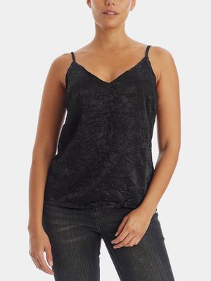 Current Air Women's Crinkle Lace Back Cami Top in Black