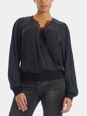 Current Air Women's Lace Trim Surplice Blouse in Taupe Grey