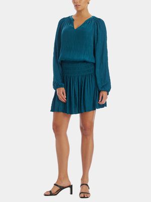 Current Air Women's Smocked Long Sleeve Mini Dress in Deep Blue