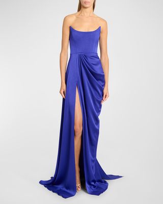 Curved Strapless Satin Crepe Drape Gown
