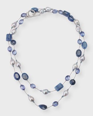 Cushion Cut Blue Sapphire, Grey Baroque Pearl and Blue Quartz Necklace, 35"L