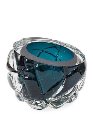 Cut Hand-Blown Glass Lagoon Blue Vase - Large