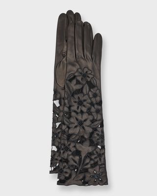 Cut-Out Floral Nappa Leather Gloves