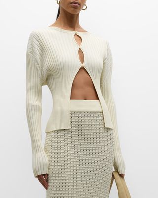 Cut-Out Ribbed Knit Cardigan