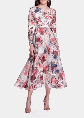 Cutout Floral-Print A-Line Midi Dress