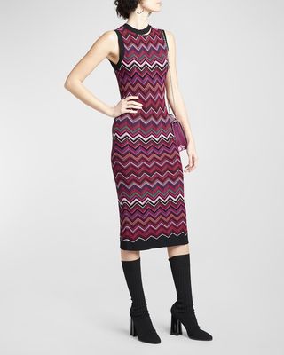 Cutout-Neck Chevron Knit Sleeveless Midi Dress