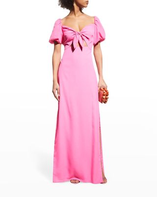 Cutout Puff-Sleeve Gown w/ Self-Tie