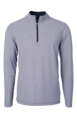Cutter & Buck Micro Stripe Quarter Zip Recycled Polyester Piqué Pullover in Navy Blue/White