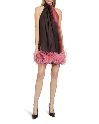 Cynthia Dip-Dyed Halter Mini Dress w/ Feather Trim
