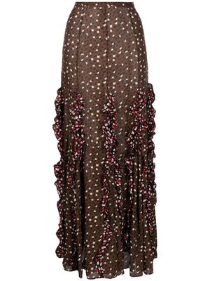 Cynthia Rowley graphic-print ruffled silk skirt - Brown