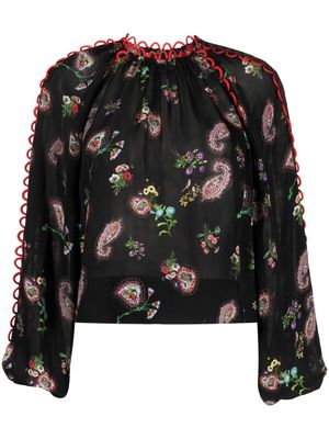 Cynthia Rowley scallop-trim paisley-print silk blouse - Black