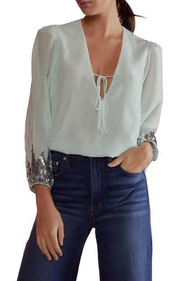 Cynthia Rowley Sequin Sleeve Silk Blouse in Mint
