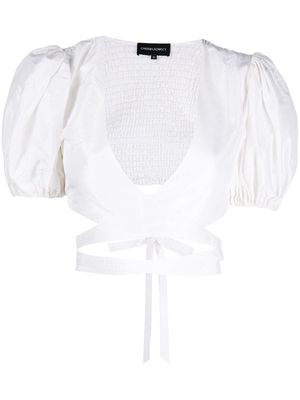 CYNTHIA ROWLEY taffeta smocked tie cropped top - White