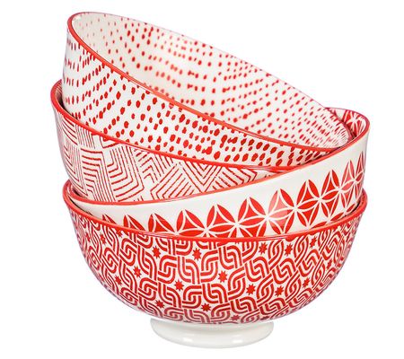 Cypress Home Ceramic Bowl, Red Pattern, Set of4