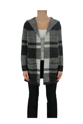 Cyrus Women's Hooded Plaid Shacket Sweater in Charcoal/Frost