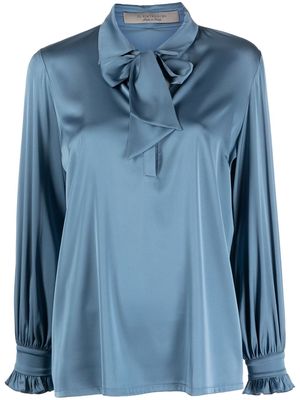 D.Exterior bow-collar satin blouse - Blue