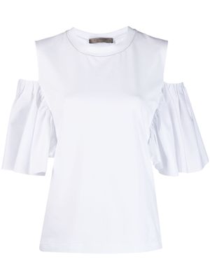 D.Exterior cut-out draped-sleeve T-shirt - White