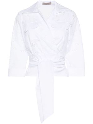 D.Exterior floral-embroidery wrap shirt - White