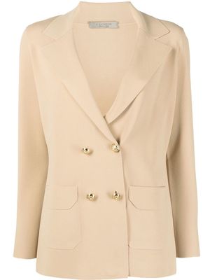 D.Exterior notched-lapel double-breasted blazer - Neutrals