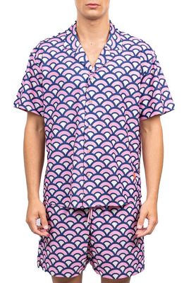 D. RT Sol Print Short Sleeve Stretch Button-Up Camp Shirt in Navy Pink