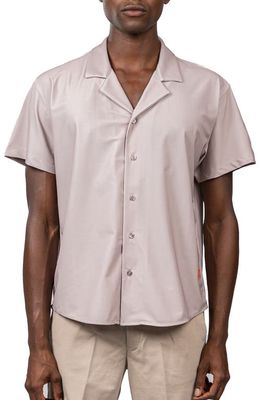 D. RT Solid Short Sleeve Stretch Knit Button-Up Shirt in Tan