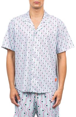 D. RT Ventura Print Short Sleeve Stretch Button-Up Camp Shirt in Blue Pink