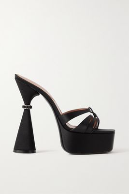 D'Accori - Sienna Leather-trimmed Embellished Satin Platform Mules - Black