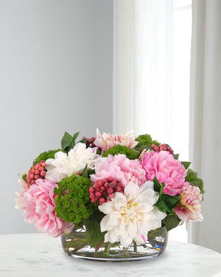 Dahlia and Peony 10" Faux Floral Arrangement in Glass Bowl