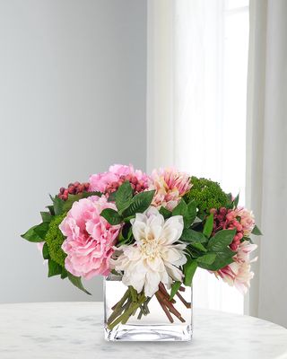 Dahlia and Peony 12" Faux Floral Arrangement in Glass Cube