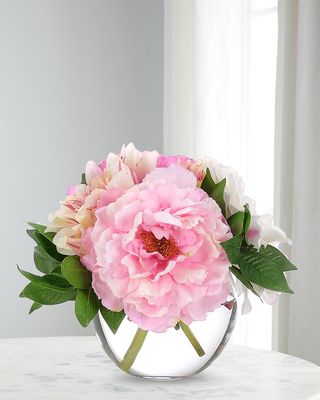 Dahlia and Peony 7" Faux Floral Arrangement in Glass Bubble