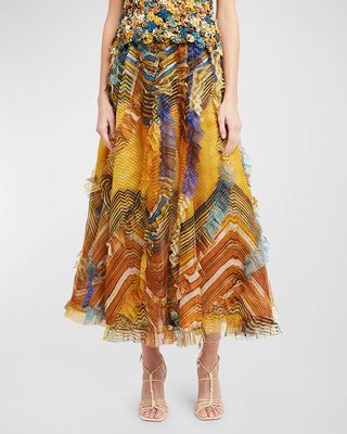 Dahlia Multicolor Silk Ruffled Midi Skirt