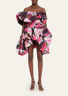 Dahlia-Print Off-Shoulder Bubble Mini Dress