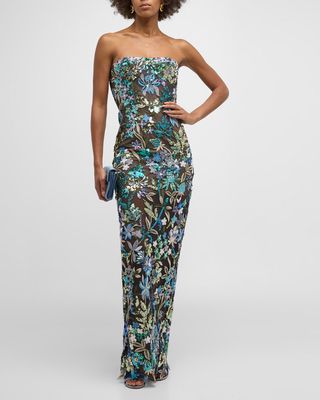 Dahlia Strapless Floral-Embroidered Column Gown