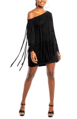 Dai Moda One-Shoulder Long Sleeve Fringe Minidress in Black