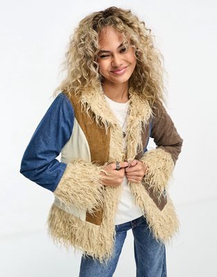 Daisy Street 70s style coat in mix suede and cord with shearling lining-Multi