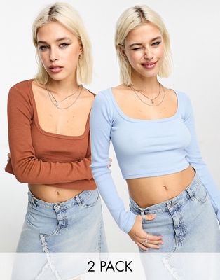 Daisy Street basics 2 pack wide scoop neck crop top in soft blue and chocolate-Multi